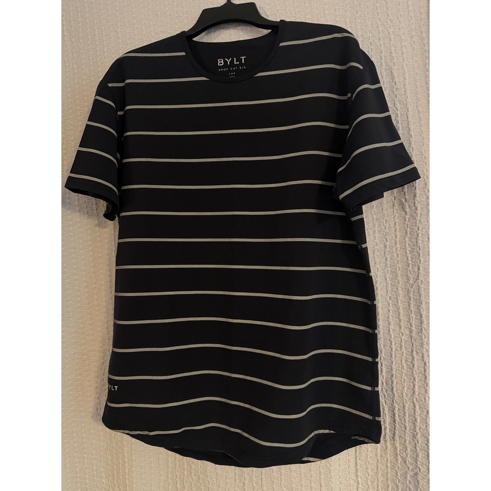 BYLT Drop Cut S/S Lux T-Shirt Mens Large Navy Gray Striped Excellent Curved Hem